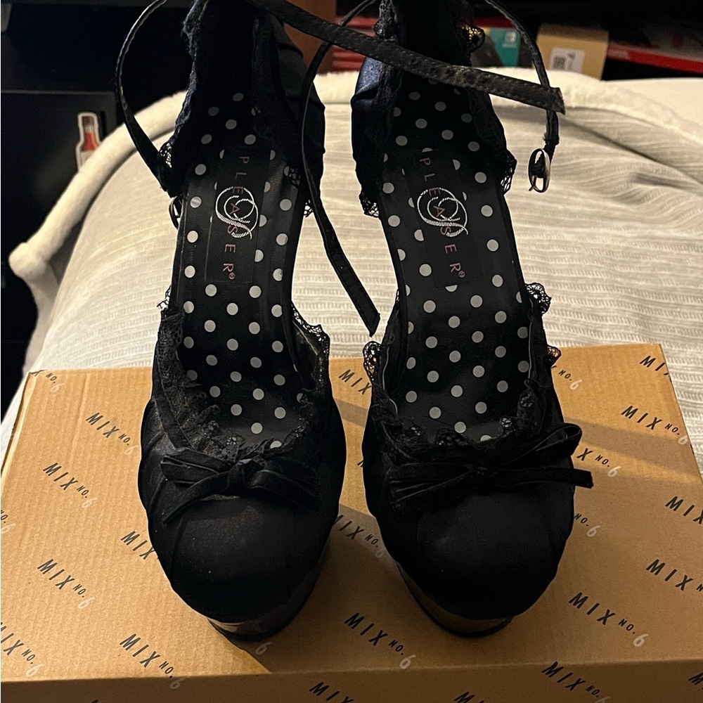 Pleaser Black Satin Platform Heels with Lace Trim & Bow